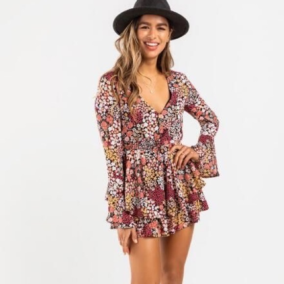 New 70s Boho Floral Print Chiffon Romper Dress - Picture 3 of 5